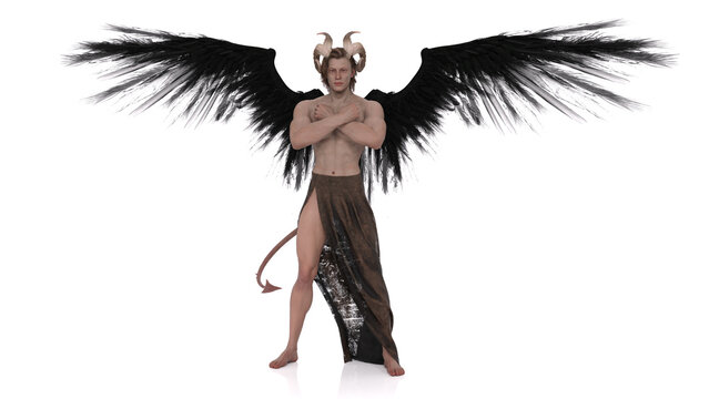 3D Render : Male Devil character with black wings, horror creature character for halloween, isolated
