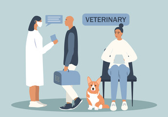 vector hand drawn illustration in flat style on the theme of the veterinary clinic. veterinarian consulting cat owner, girl and dog waiting for their turn