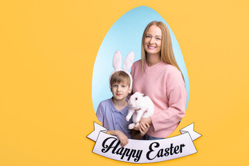 Easter greeting card with happy young woman with cute bunny and her little son in shape of blue egg...