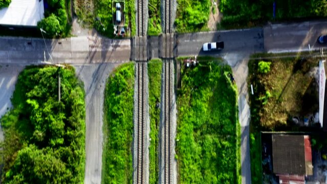 Top shot of double track railway in rural area