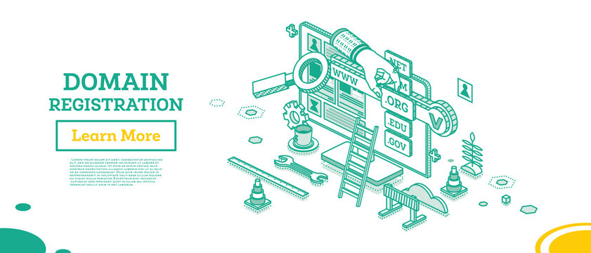 Domain Registration. Isometric Business Concept with Monitor and Hand.