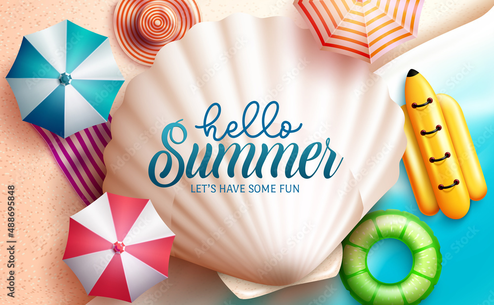 Poster summer vector concept design. hello summer greeting text in seashell with umbrella and floater eleme