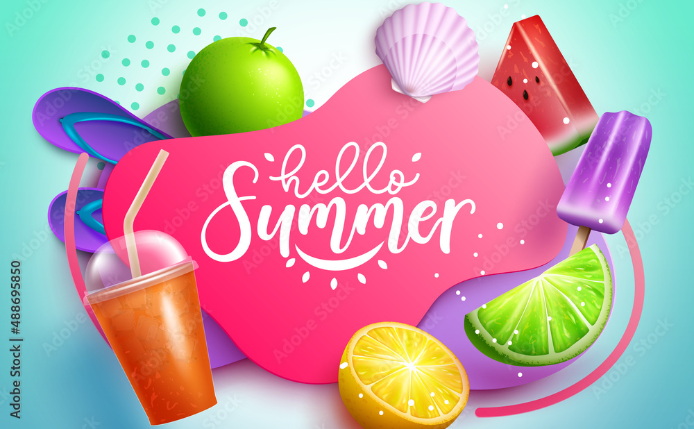Poster summer vector template design. hello summer typography text in abstract space with fruit slice and j