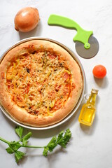 a plate of pizza in white background