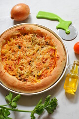 a plate of pizza in white background