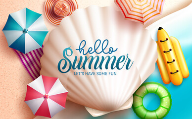 Summer vector concept design. Hello summer greeting text in seashell with umbrella and floater elements for enjoy and relax tropical holiday. Vector illustration.
