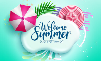 Summer season vector template design. Summer season text in 3d stone with umbrella and hat elements for tropical holiday greeting messages. Vector illustration.
