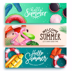 Summer vector banner set. Summer greeting text collection with floaters and outdoor tropical elements for enjoy holiday vacation design. Vector illustration.
