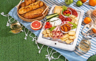 Picnic blanket with charcuterie boards, healthy food and wine in park on the grass on sunny day.