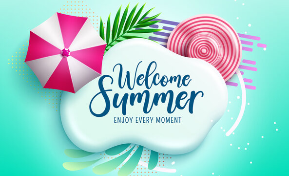 Summer season vector template design. Summer season text in 3d stone with umbrella and hat elements for tropical holiday greeting messages. Vector illustration.
