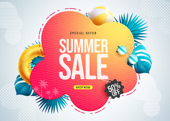 Summer sale vector banner design. Summer sale special offer text in foliage template up to 50% off discount for seasonal shopping promotion ads. Vector illustration.