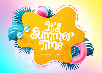 Summer time vector template design. It's summer time text in abstract foliage space with tropical elements of leaves for holiday season messages. Vector illustration.
 - obrazy, fototapety, plakaty