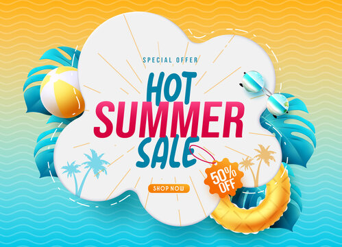 Summer sale vector banner design. Hot summer sale text in abstract pattern background with up to 50% discount offer for seasonal shopping business ads. Vector illustration.
