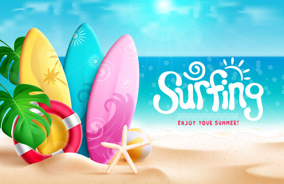 Summer surfing vector design. Surfing text in beach seashore background with surfboards element for relax and enjoy summer vacation activity. Vector illustration.
