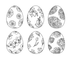 Set of outline easter egg with flower pattern. Happy easter day. Vector illustration