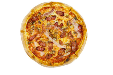 Delicious fresh pizza with sausage, mushrooms and cheese isolated on white background