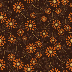 Doodle flowers with elements seamless pattern, funky background, Retro Pattern
