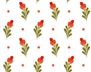 Seamless pattern of simple folk flowers on a white background.