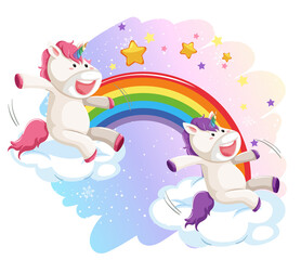 Two unicorns standing on clouds with rainbow