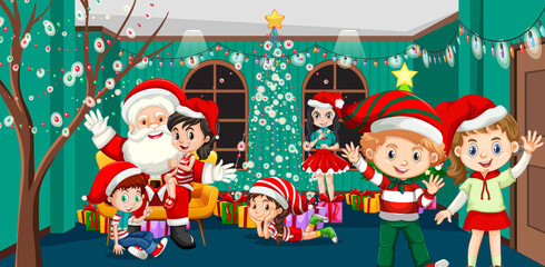 Obraz na płótnie Canvas Children celebrating Christmas with Santa Claus