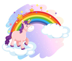 Cute unicorn standing on a cloud with rainbow