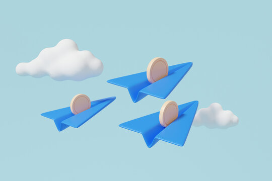 Creative vision leadership concept.Three blue paper airplane and coins with clouds Minimal cartoon cute smooth. business finance investment. 3d render illustration