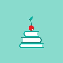 Stack of books and red cherry on top. Isolated on powder blue background. Knowledge logo. Education pictogram. Study and learn symbol
