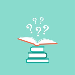 Stack of books and open book with red book cover and white question marks flying out. Isolated on blue background. Unknown book pictogram. Ask symbol. Curiosity logo.