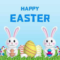 happy easter day 3d illustration with two rabbits holding eggs