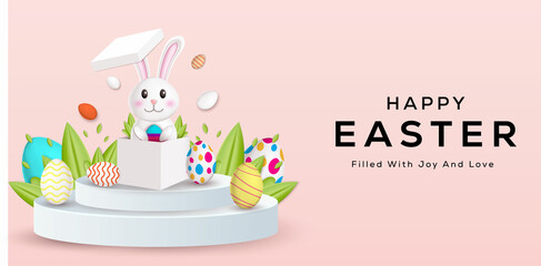 happy easter 3d illustration with a rabbit show up from the box above the podium
