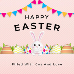 Fototapeta premium happy easter design 3d illustration with rabbit, eggs, and leaves