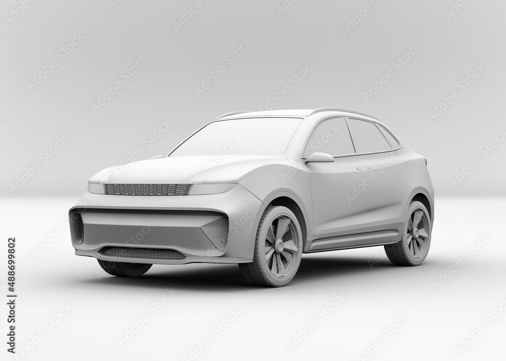 Poster clay model rendering of generic electric suv sports coupe. 3d rendering image.