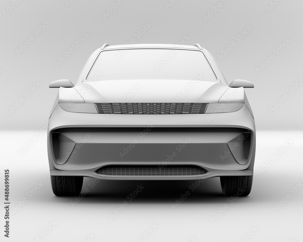 Poster clay model rendering of generic electric suv sports coupe. 3d rendering image.