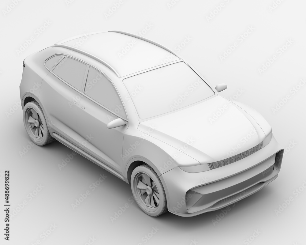 Poster clay model rendering of generic electric suv sports coupe. 3d rendering image.