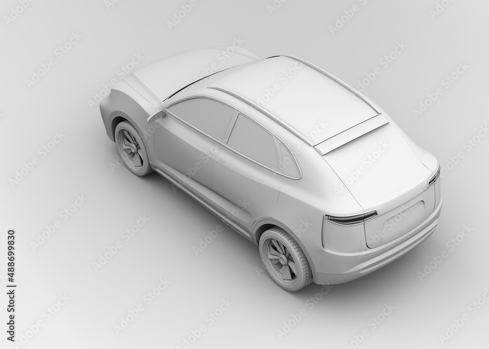 Poster clay model rendering of generic electric suv sports coupe. 3d rendering image.