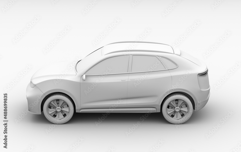 Poster clay model rendering of generic electric suv sports coupe. 3d rendering image.