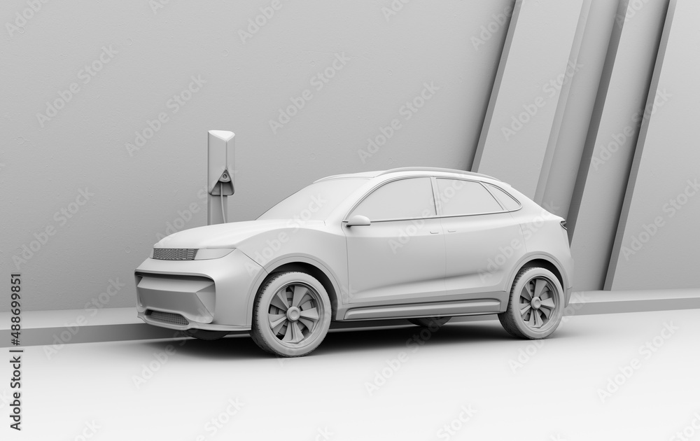 Poster clay model rendering pf generic electric suv charging at roadside charging station. 3d rendering ima