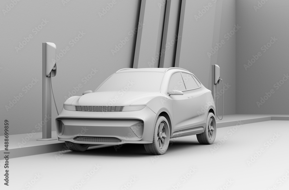 Poster clay model rendering pf generic electric suv charging at roadside charging station. 3d rendering ima