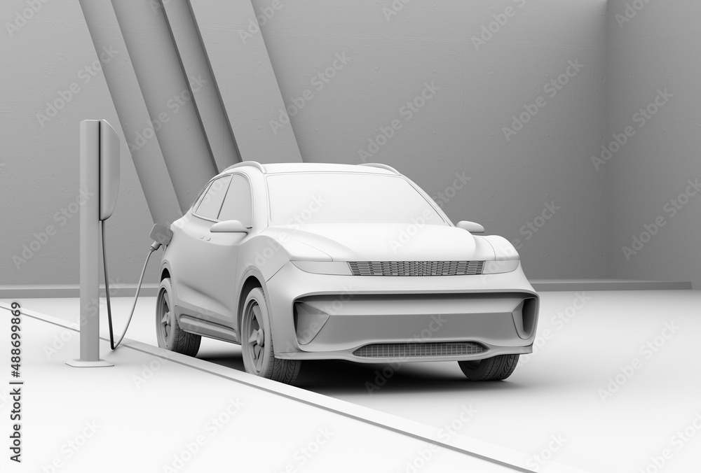 Poster clay model rendering pf generic electric suv charging at roadside charging station. 3d rendering ima