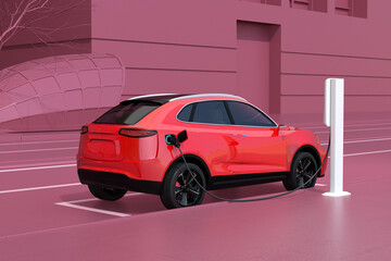 Generic Electric SUV charging at roadside charging station. Simple background.  3D rendering image. 