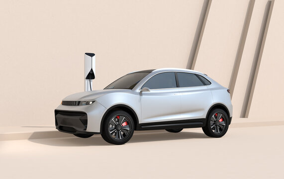 Generic Electric SUV charging at roadside charging station. Simple background. 3D rendering image. 