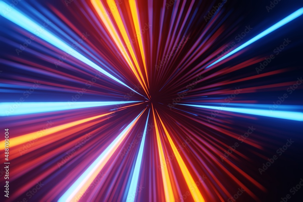Poster futuristic hyperspace speed tunnel light trail streaks background 3d rendering