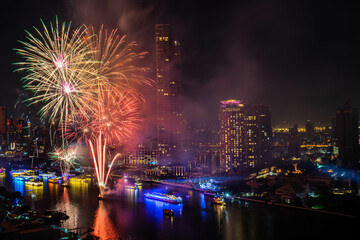 Bangkok river side fire work , new year day , Bangkok , Thailand 