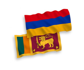 National vector fabric wave flags of Sri Lanka and Armenia isolated on white background. 1 to 2 proportion.