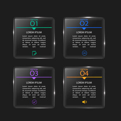 Glass plate. Realistic vector glass banner with shiny lights for infographics, business design, step presentation