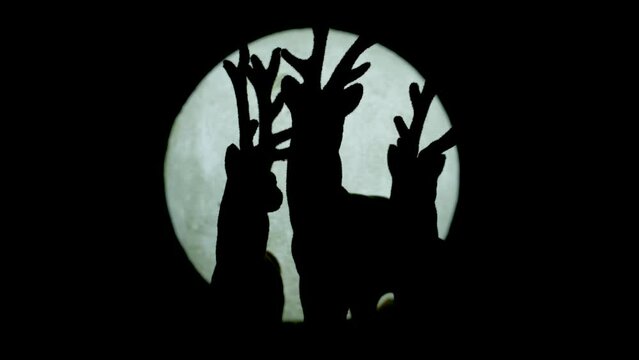 Silhouetted Miniature Reindeer Family Standing Against Moonlight Backdrop. zoom-out