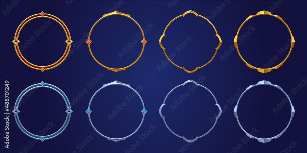 Poster empty circle silver and gold frames in medieval style for game ui design. vector cartoon set of user