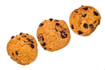 Three homemade cookies with chocolate chips on a white background.
