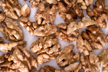 Walnuts background. Kernels walnuts. Top view. Vegetarian or healthy eating.