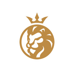 Lion head, circle, crown crest logo, lion face outline silhouette vector icon